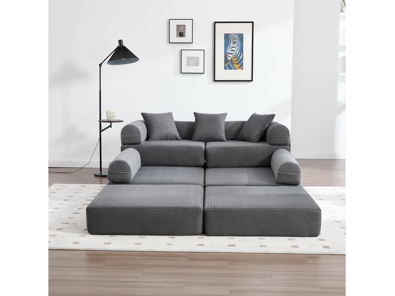  Canapé d’angle modulable convertible 4 places en velours côtelé gris foncé, avec poches latérales pratiques  - Conforama E
