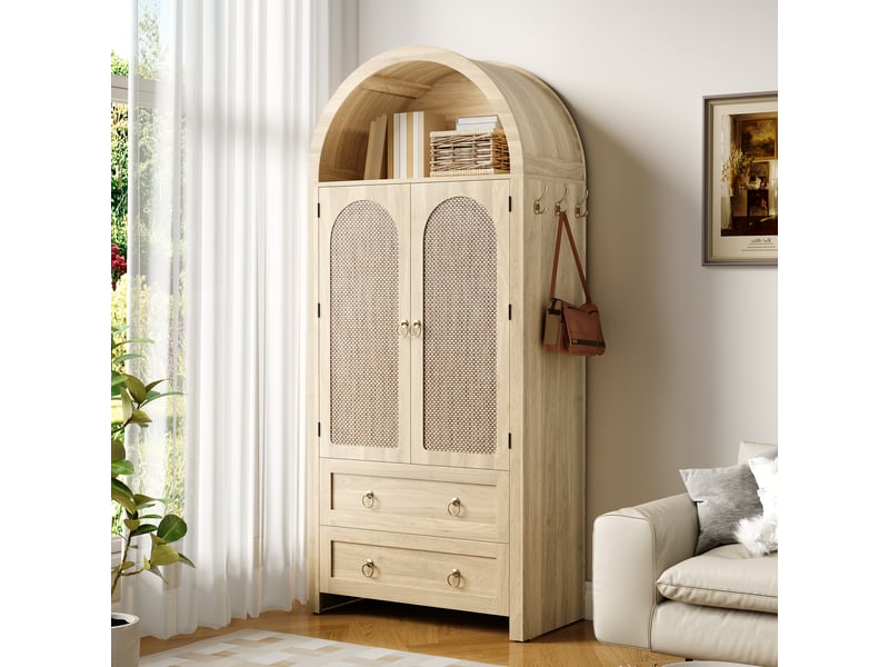  Buffet haut arqué 2 portes effet cannage et 2 tiroirs décor chêne clair 80 × 40 × 180 cm IKSETERA TRADING LTD - Conforama E