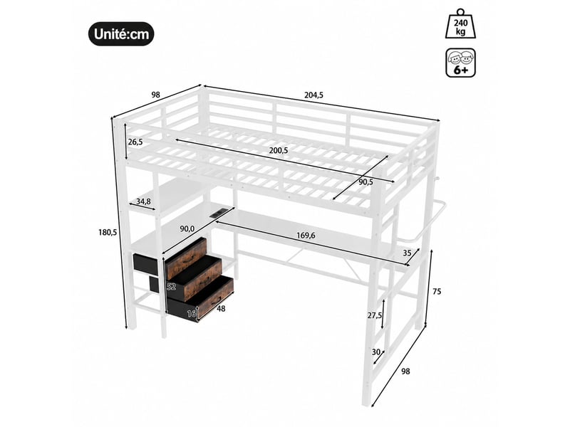  Lit mezzanine avec bureau et rangement, couchage 90x200 cm, structure blanche en métal et mdf, sans matelas  - Conforama C