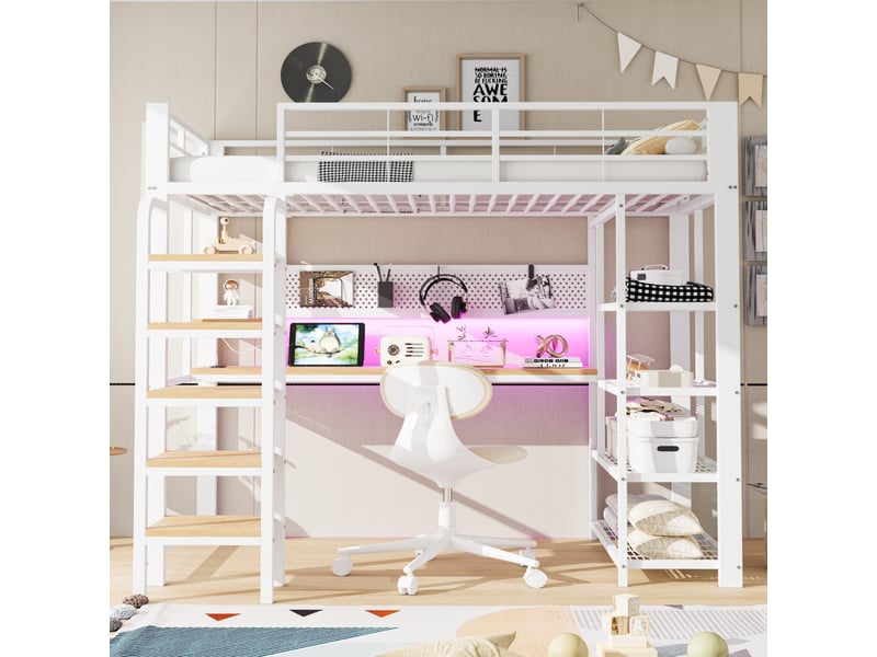 Lit mezzanine 90x200 cm, lit enfant, bureau, étagères, échelle sécurisée, led, bois et métal blanc - Conforama D