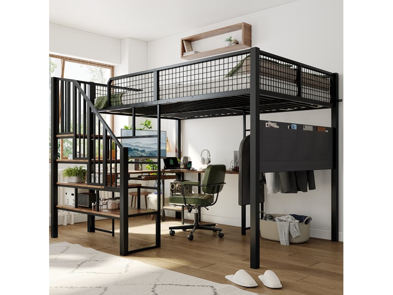  Lit mezzanine enfant 140x200 cm – noir et vintage – bureau d'angle, escalier et port de charge – sans matelas  - Conforama B