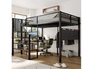 Lit mezzanine enfant 140x200 cm – noir et vintage – bureau d'angle, escalier et port de charge – sans matelas