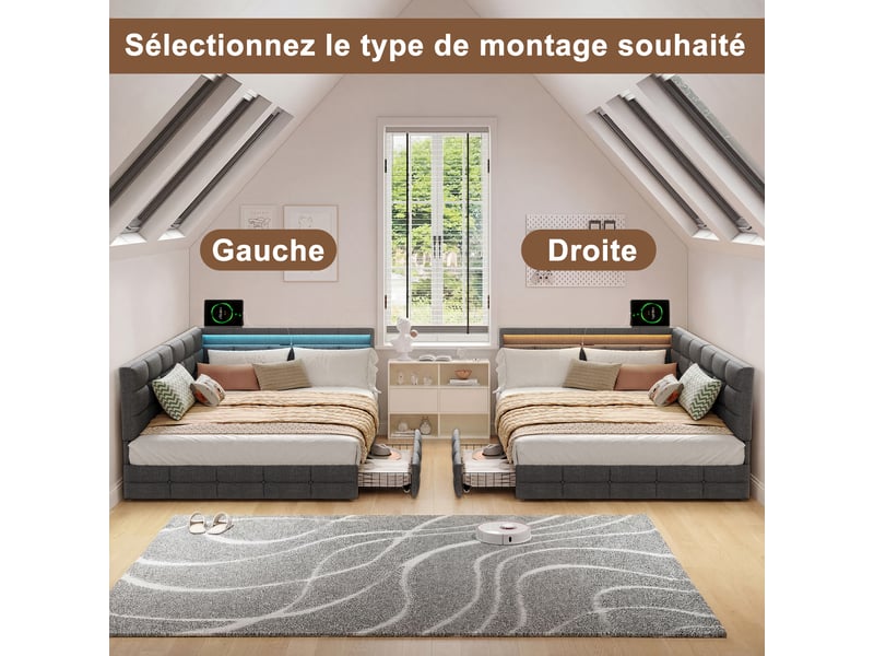  Canapé lit gigogne 140x190 cm avec sommier led et port usb tpye c- lit coffre avec 2 tiroirs de rangement - 2 personnes - lin - gris  - Conforama C