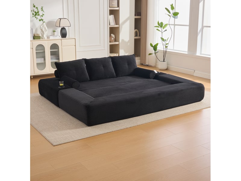  Canapé convertible 3 places modulable avec poches, porte-gobelets et coussins en velours côtelé noir  - Conforama D