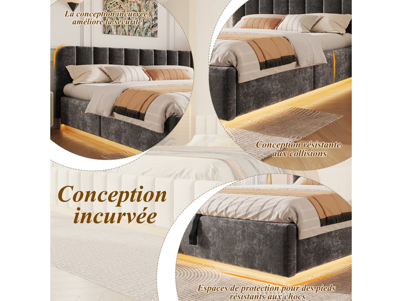Lit coffre 180x200 cm anthracite, tissu chenille, sommier relevable hydraulique, led contrôlée par appli, sommier à lattes inclus - Conforama E