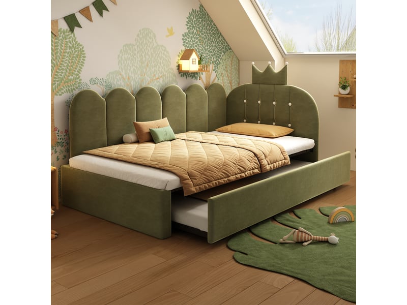  Lit gigogne 90x200 cm avec lit 90x190 cm en velours vert  - Conforama R