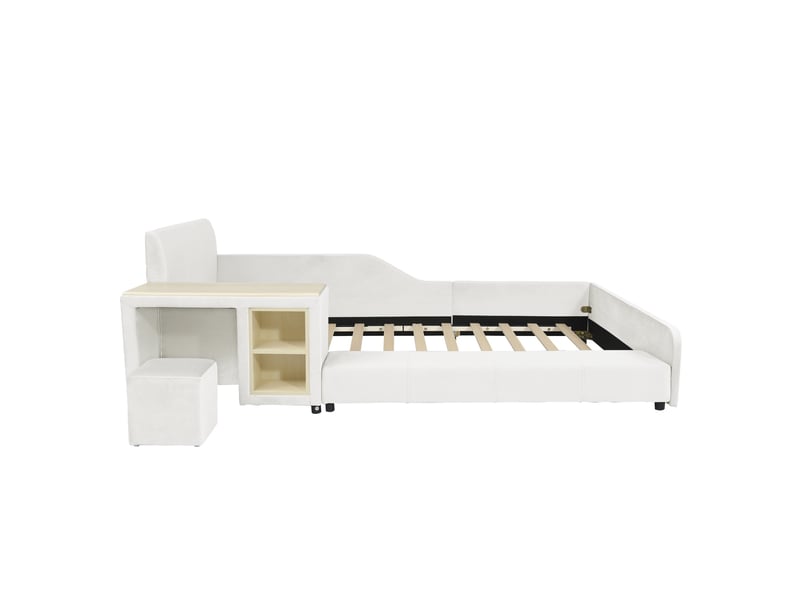  Lit enfant 90x200cm - avec bureau latéral, tabouret et étagères de rangement intégrés, tête de lit et rebords de sécurité – velours – blanc  - Conforama A
