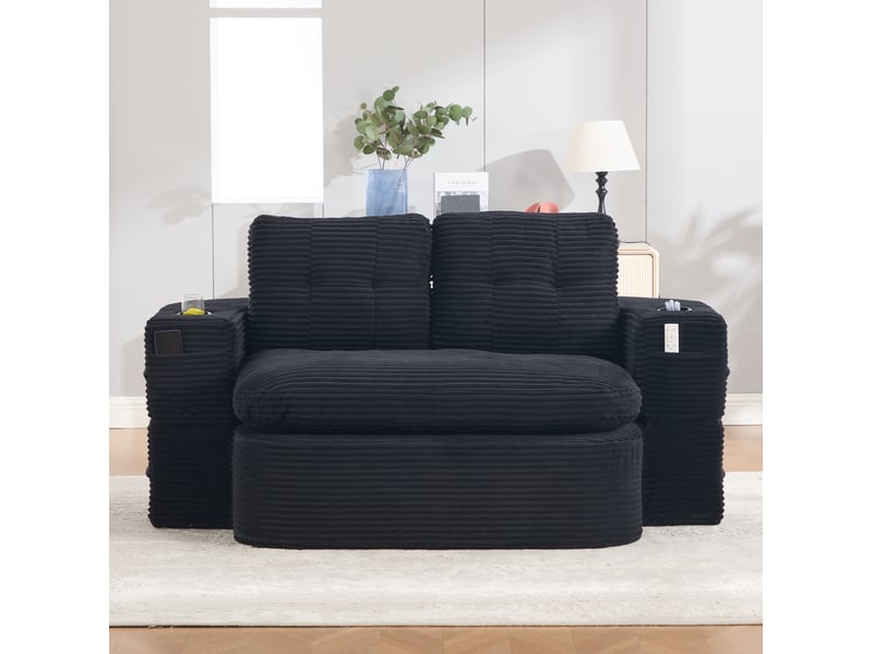 Fauteuil convertible 2 places avec accoudoirs amovibles, porte-gobelets et poches latérales en velours côtelé noir - Conforama B