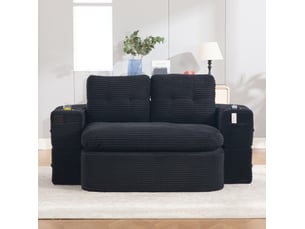 Fauteuil convertible 2 places avec accoudoirs amovibles, porte-gobelets et poches latérales en velours côtelé noir