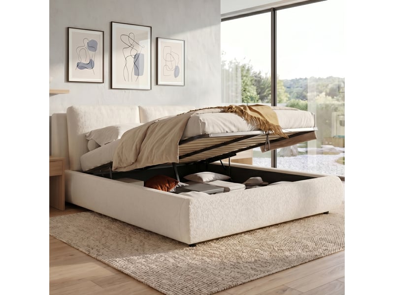  Lit coffre 160x200 cm, lit double, sommier à lattes, rangement hydraulique, tissu bouclé beige, tête de lit rembourrée  - Conforama E