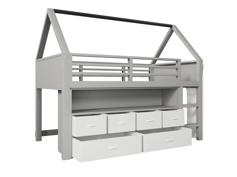 Lit mezzanine enfant 90x200 cm avec led, 6 tiroirs en tissu et rideau gris, sans matelas - Conforama E
