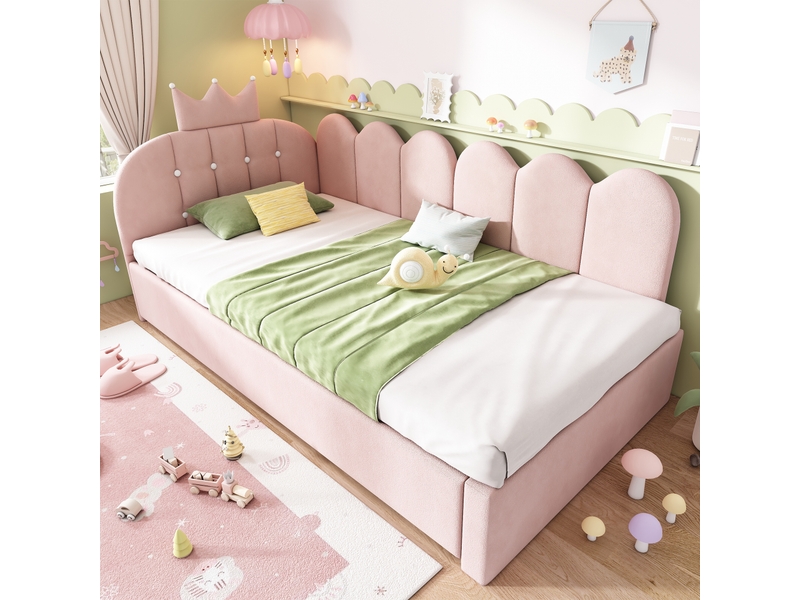 Lit gigogne 2 places 90x200 cm et 90x190 cm en velours avec lit coulissant et dossier réversible, sans matelas, rose - Conforama C