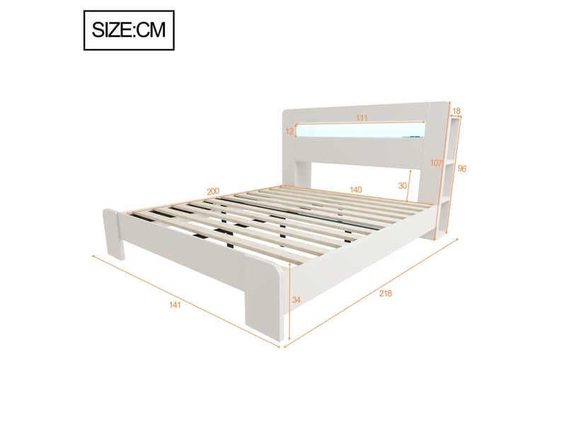  Cadre de lit en bois 140 x 200 cm avec rangement tête de lit, led et prises intégrées, coloris blanc  - Conforama B