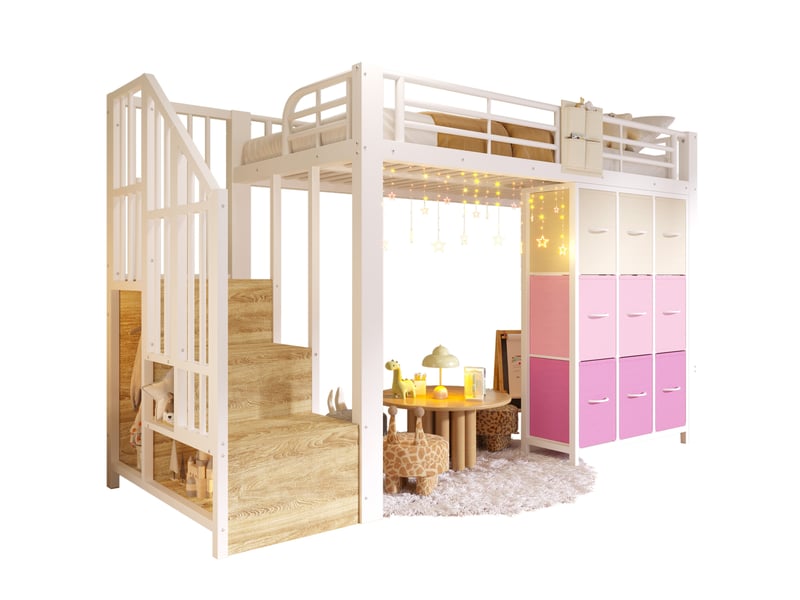  Lit mezzanine enfant 90x200 cm blanc en métal et mdf, escalier de rangement, tiroirs et penderie  - Conforama A