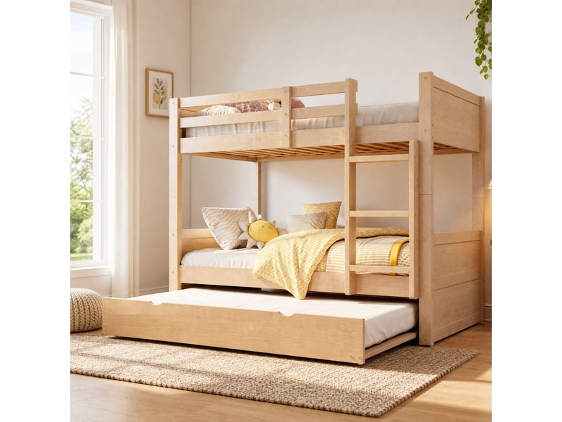  Lit superposé 3 places 90×200 cm et 90×190 cm avec lit gigogne, barrière et échelle - okmyhome- bois, sans matelas  - Conforama C