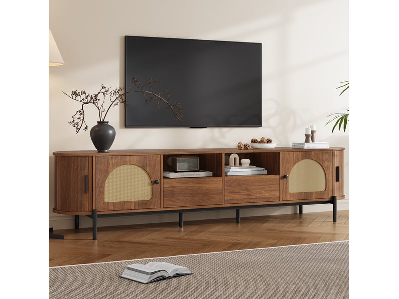  Meuble tv modenvie ovale 200 x 40 x 49,5 cm mdf noyer portes en rotin et rangement  - Conforama E