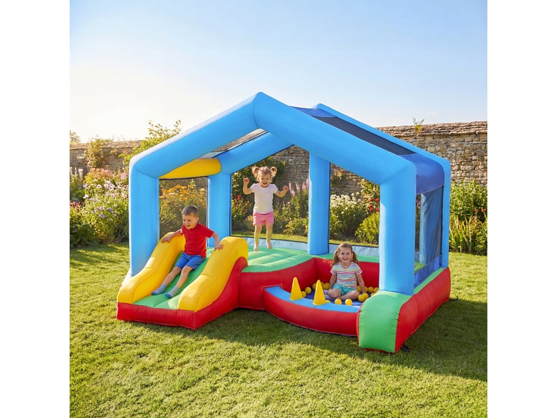  Château gonflable pour enfants avec souffleur, toboggan, trampoline, piscine à balles, jeu de cerceaux et auvent  - Conforama D