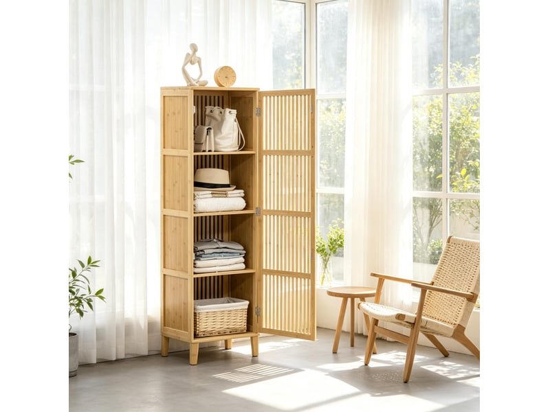 Meuble de rangement avec porte à lamelles, 4 étagères, anti-basculement, bambou naturel, 40 × 30 × 140 cm - Conforama C