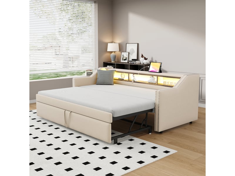  Sofa-lit capitonné 90180 x 190 cm, led et usb, coffre de rangement, sommier à lattes, coloris beige confort  - Conforama E