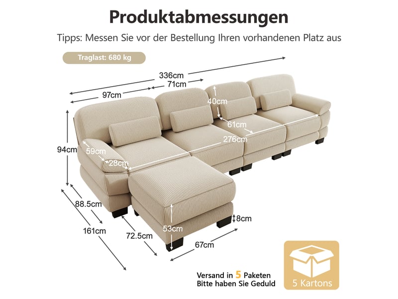 Canapé d'angle modulable - 4 places - forme l - 1 ottoman - assise profonde - velours côtelé - mobilier de salon - beige CozyNest - Conforama D