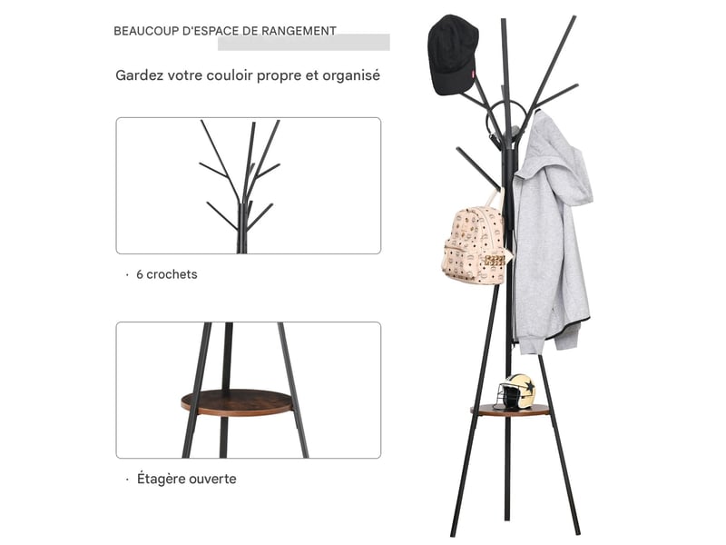  Porte-manteau sur pied avec étagère en métal et mdf noir et marron 45 x 45 x 180 cm  - Conforama D
