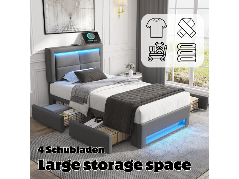  Lit coffre 90x190 cm avec 4 tiroirs - lit rembourré - pu gris, éclairage led, port usb, charge sans fil, sommier inclus  - Conforama C