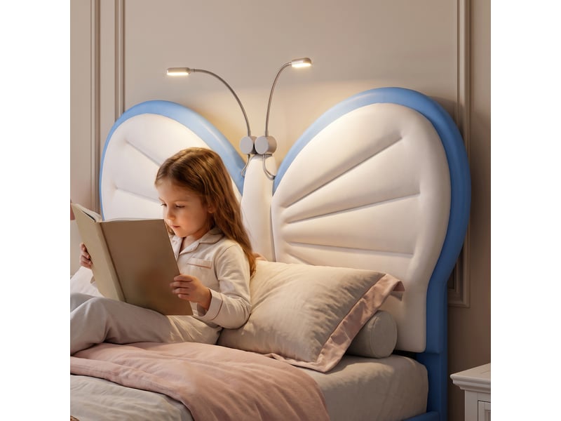  Lit simple 90x200 cm avec lampes led, lit enfant capitonné avec tête de lits réglable en forme de papillon et lattes en velours, sans matelas, bleu  - Conforama E