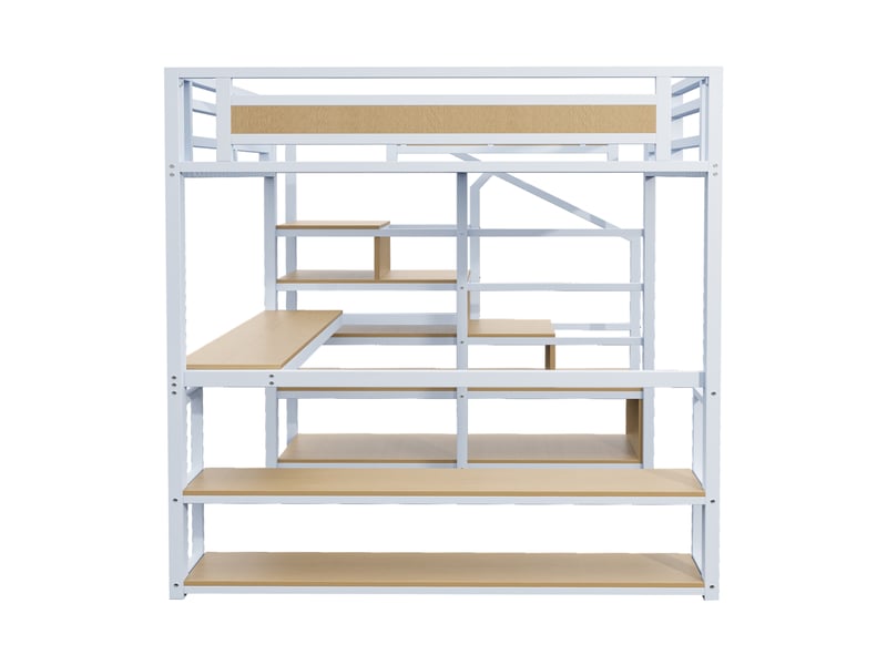  Lit mezzanine 140 x 200 cm avec escalier de rangement, étagères, bureau intégré et garde-corps, structure robuste en métal blanc evarich - Conforama D