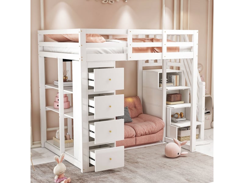  Lit mezzanine blanc 140x200cm avec rangement, échelle, étagères, gain de place, confort durable - bois massif - pour enfant ado  - Conforama B