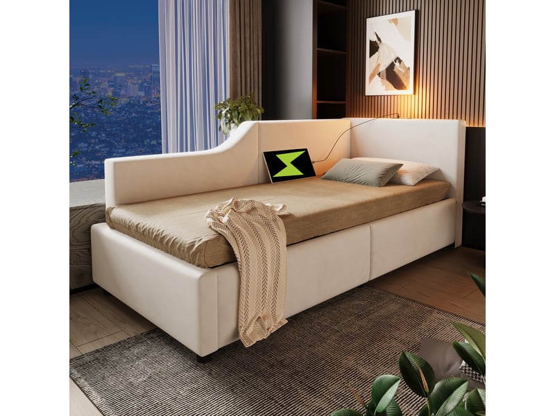  Lit banquette 90x200 cm en velours beige avec coffre de rangement, canapé-lit avec port usb-c et liseuse pour chambre d'enfant ou d'amis  - Conforama E