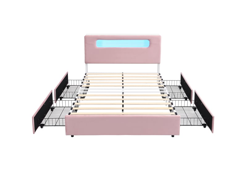 Lit enfant 140x200 cm rose en velours, 4 tiroirs latéraux et éclairage led contrôlé par application - Conforama D
