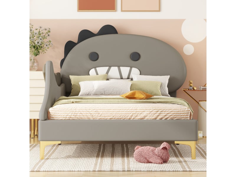 Lit enfant 90x200cm lit simple avec forme dinosaure dessin animé, en cuir artificiel gris, sans matelas - Conforama C