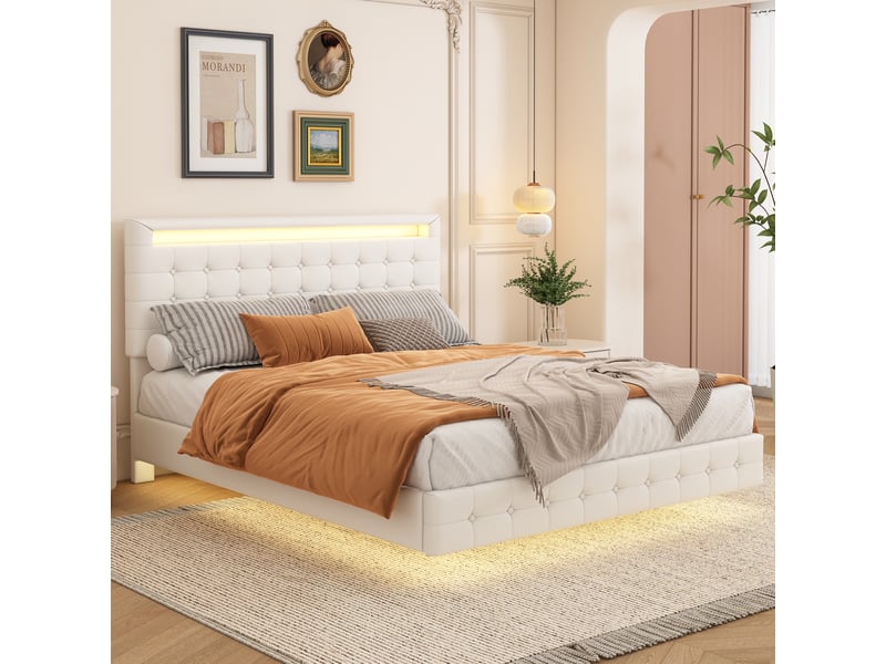 Lit 2 places 140x200cm, sommier, tête de lit réglable, éclairage avec éclairage led, mdf+pu blanc, sans matelas - Conforama B