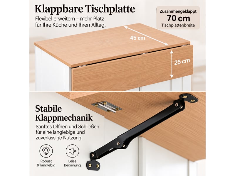  Îlot de cuisine mobile avec plateau rabattable et 2 tiroirs - lpospi - roulettes freinées, panneaux de particules blanc  - Conforama E