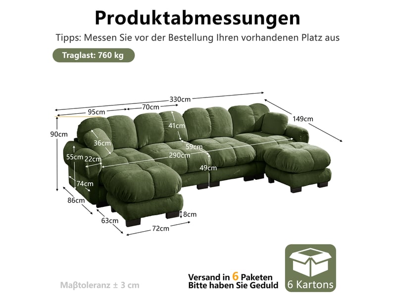 Canapé modulable 4 places modenvie en u avec 2 poufs mobiles, tissu chenille, 330 x 149 x 90 cm, vert - Conforama C