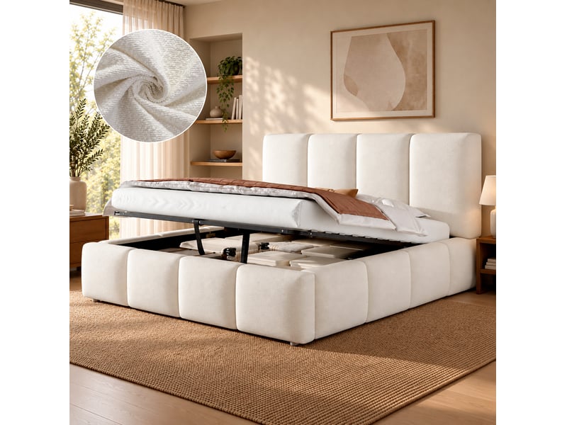  Lit coffre 180x200 cm hydraulique, lit 2 places, tissu couleur blanc, bois, sans matelas, design moderne  - Conforama B