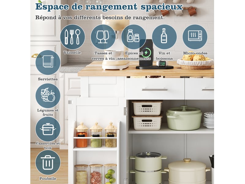  Desserte de cuisine mobile avec plateau rabattable, étagères réglables, prise et espace poubelle, 138 × 86 × 92 cm  - Conforama E