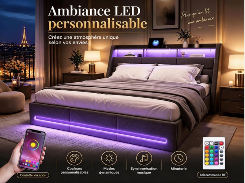 Lit coffre 140x190 cm ezssw, coloris gris - Conforama D