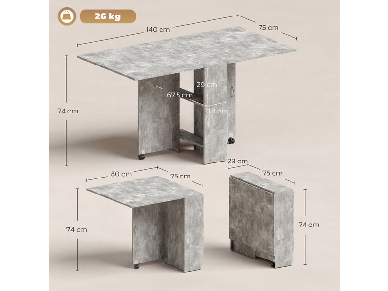  Table pliante en bois à roulettes pour 4 à 6 personnes, 75 x 140 x 74 cm, grise  - Conforama E