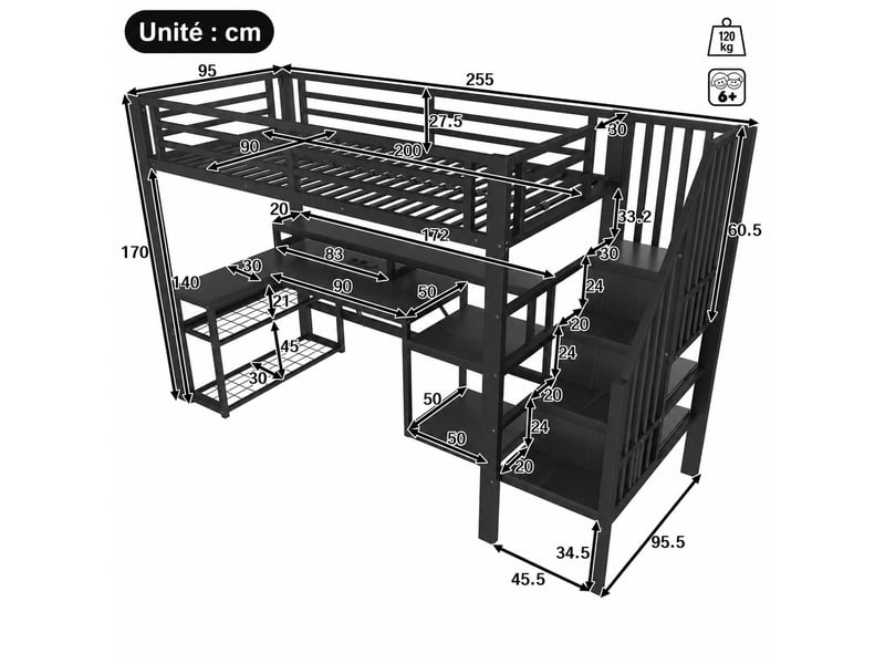  Lit mezzanine avec bureau 90 x 200 cm, cadre en métal noir, rangements, éclairage led et ports usb  - Conforama C