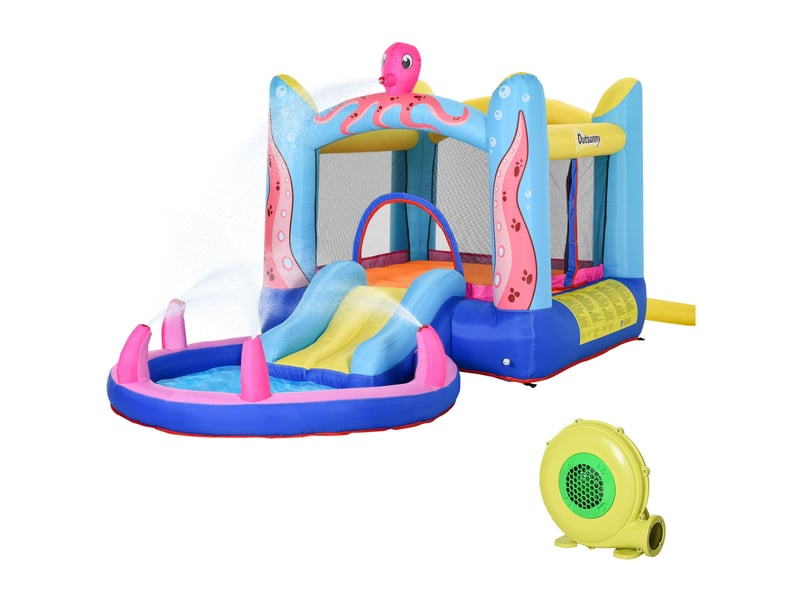  Château gonflable autogonflant comprenant un gonfleur, des patchs, 1 trampoline, 1 bassin d'eau, 1 toboggan, 360 x 175 x 180 cm  - Conforama B