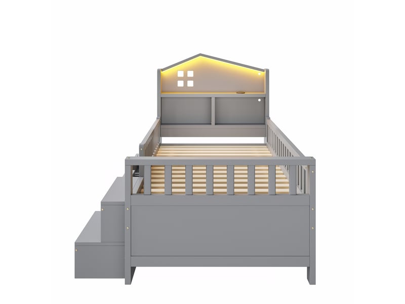  Lit enfant 90 x 200 cm, avec barrière de sécurité, quatre tiroirs de rangement, marchepied, éclairage led, ports de chargement usb et type-c, lit en bois massif avec sommier à lattes, lit simple, gris  - Conforama D