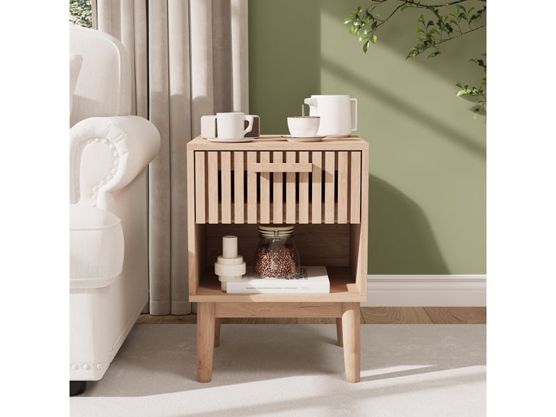  Lot de 2 tables de chevet en bois effet chêne - 40x35x55 cm - design à lattes avec 1 tiroir et 1 niche ouverte  - Conforama D