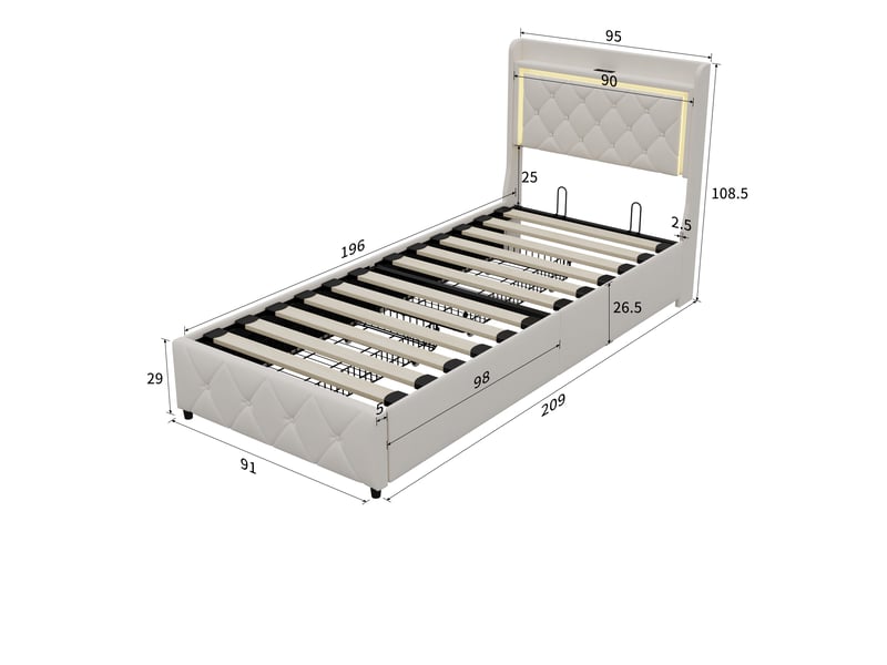  Lit avec 2 tiroirs 90x200, éclairage led et ports usbtype-c, lit simple, cadre de lit rembourré en velours avec tête de lit capitonnée et étagère, beige  - Conforama E