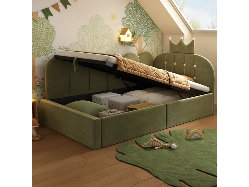  Lit enfant 90x190 cm avec rangement hydraulique en velours vert  - Conforama C