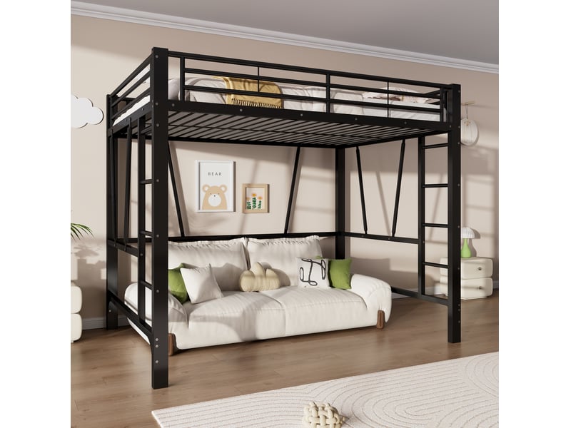  Lit mezzanine 140x200 cm en métal avec double échelle coloris noir  - Conforama B