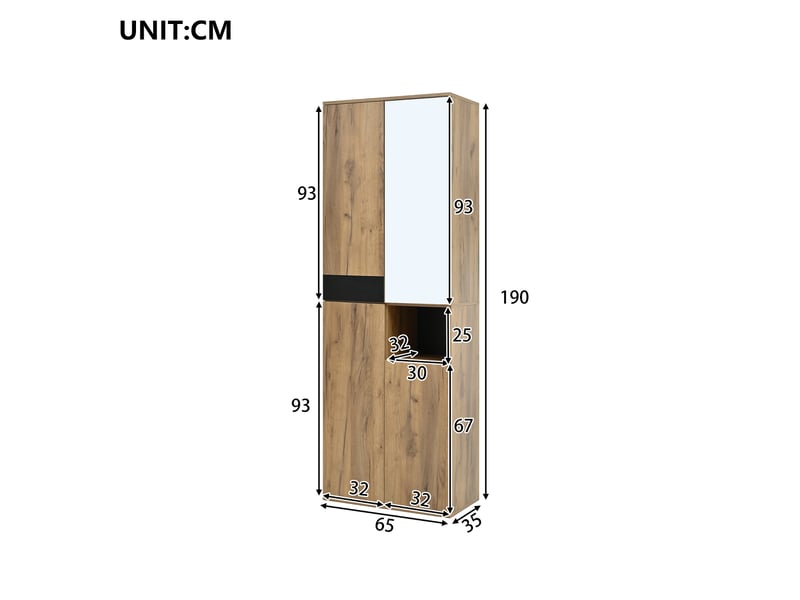  Armoire de rangement 4 portes, armoire haute avec miroir et niche ouverte pour salon ou entrée - noir et bois 65x35x190 cm  - Conforama E