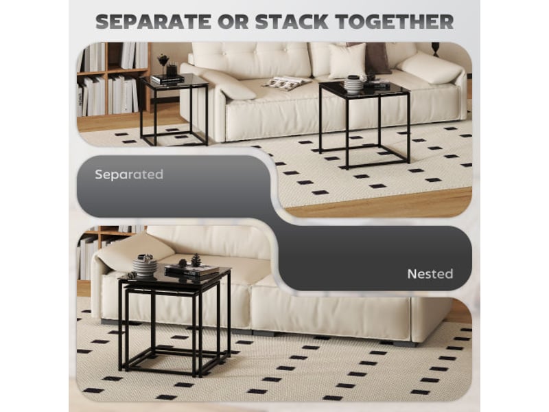 Lot de 2 tables d’appoint carrées en acier noir avec plateau en verre pour salon - Conforama D