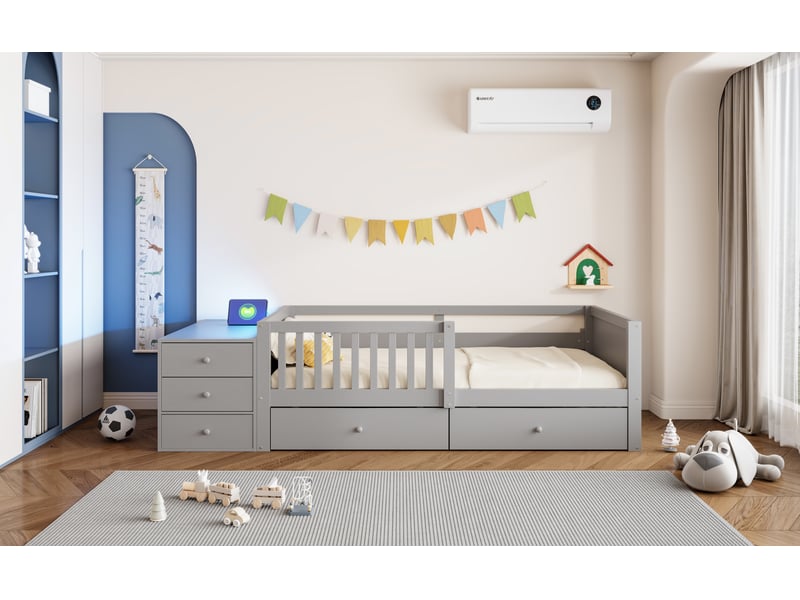  Lit enfant surélevé 90x200 cm gris bois avec bureau rangement indépendant prise électrique éclairage led deux tiroirs étagères et barrière de sécurité Sol Morn - Conforama E