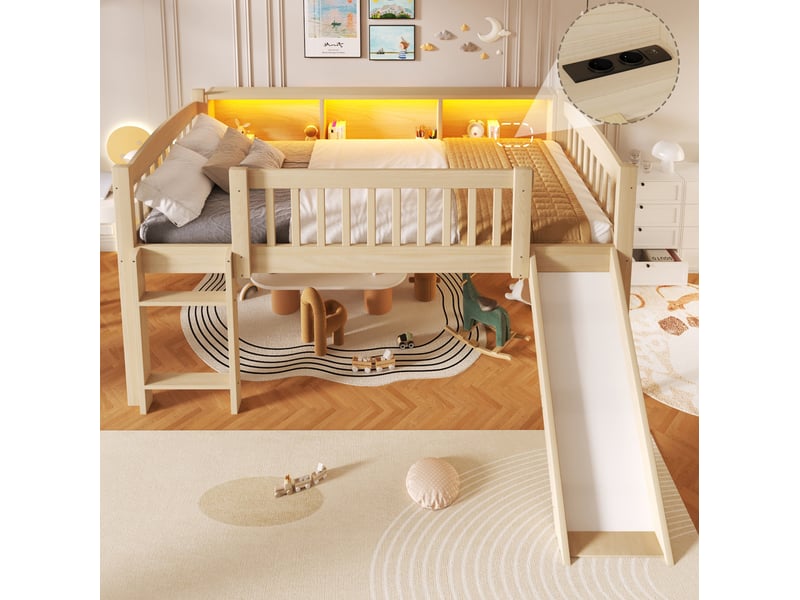  Lit enfant surélevé 90x200 cm avec toboggan, rangements, led et usb, coloris naturel, sans matelas  - Conforama B